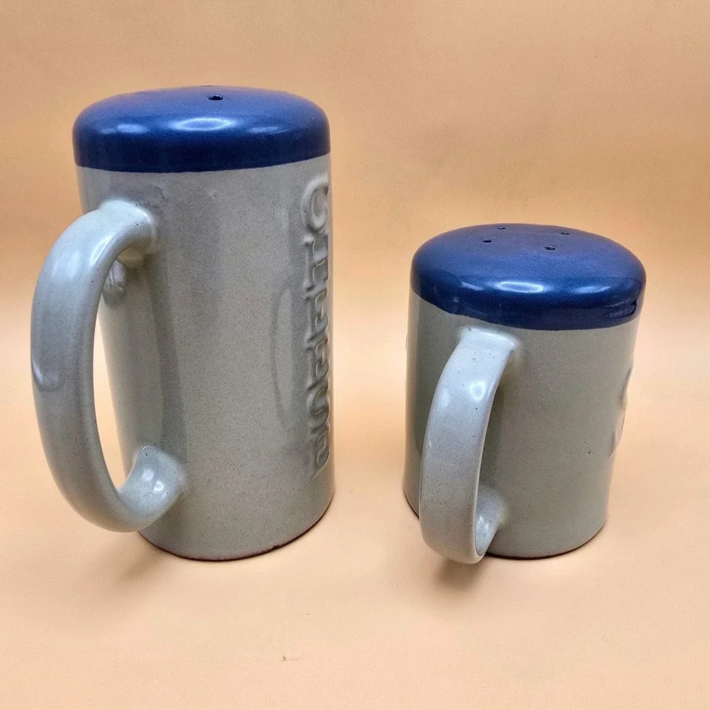 Vintage Ceramic Salt & Cheese Shakers Blue Lids Mug Style w/ Handles 